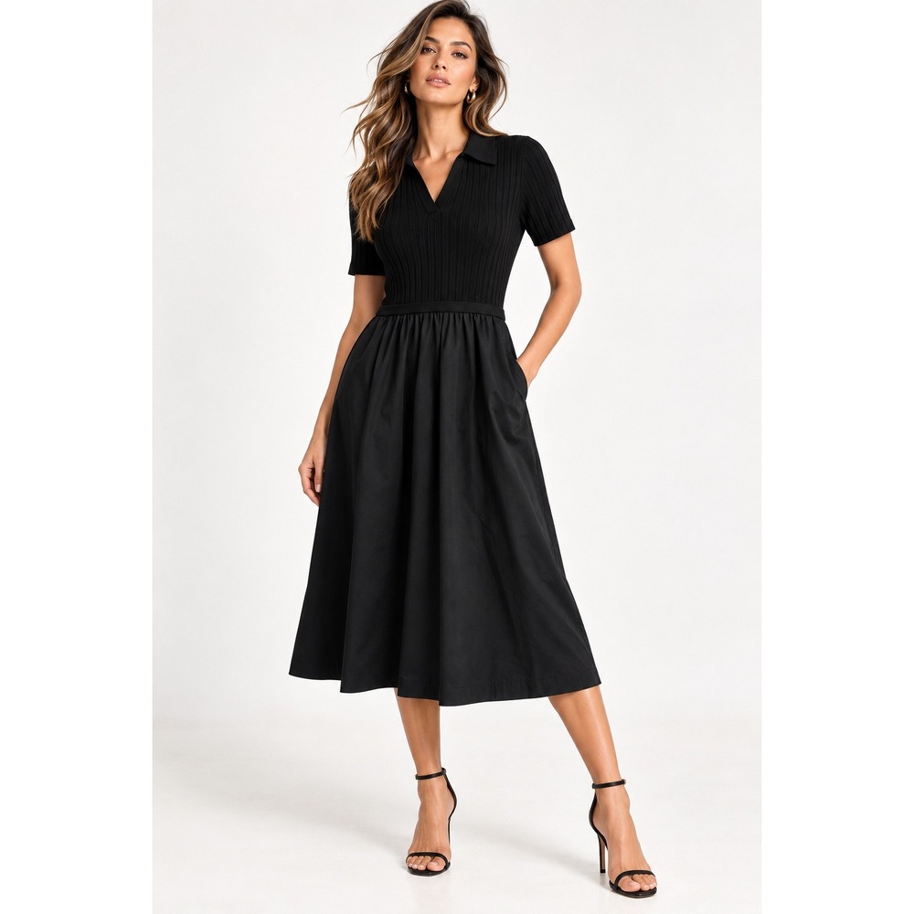 41 Hawthorn Black Collared Mixed Media A-Line Midi Dress Womens Large NWT
